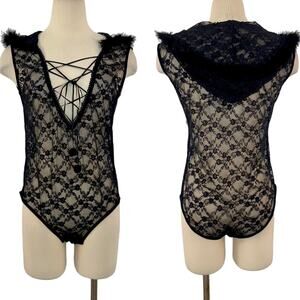 Coquette Black Lace Teddy Bodysuit with Faux Fur Trim Hood | OS NWT